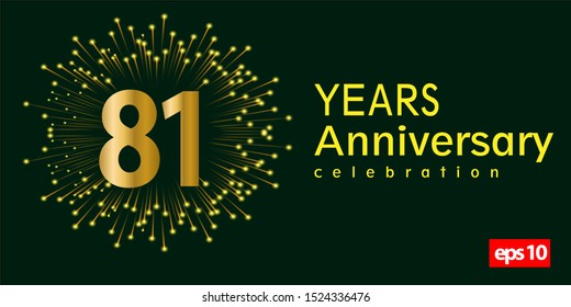 81st year anniversary celebration gold number with fireworks on green background. vector illustration