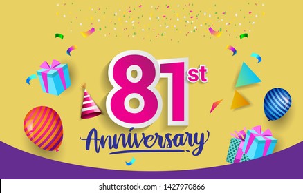 81st Years Anniversary Celebration Design, with gift box and balloons, ribbon, Colorful Vector template elements for your birthday celebrating party.