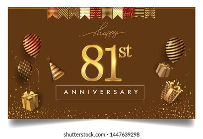 81st years anniversary design for greeting cards and invitation, with balloon, confetti and gift box, elegant design with gold and dark color, design template for birthday celebration.