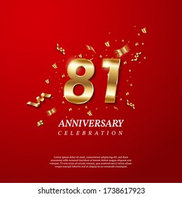 81th Anniversary celebration. Golden number 81 with sparkling confetti, stars, glitters and streamer ribbons on red background. Vector festive illustration. Birthday or wedding party event decoration