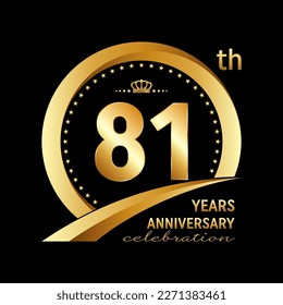 81th Anniversary Celebration Logo design with golden ring and crown for anniversary celebration event, invitation, wedding, greeting card, banner, poster, flyer, brochure. Logo Vector Template
