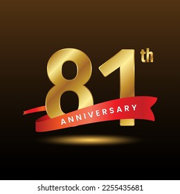 81th anniversary logo design with golden numbers and red ribbon. Logo Vector Template