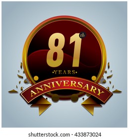 81th anniversary logo with gold circle badge. Anniversary signs illustration. Vibrant colors anniversary logo with geometric shape and circle gold ring