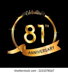 81° Aniversario. Diseño perfecto de plantilla para el evento de celebración del aniversario con cinta y anillo de color dorado, ilustración vectorial
