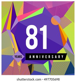 81th years greeting card anniversary with colorful number and frame. logo and icon with Memphis style cover and design template
