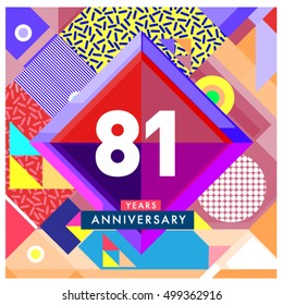 81th years greeting card anniversary with colorful number and frame. logo and icon with Memphis style cover and design template