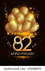 82 Anniversary Logo Celebration with Golden balloon and confetti, Isolated on dark Background