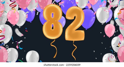 82 birthday Happy birthday, congratulations poster. Balloons numbers with sparkling confetti ribbon, glitter bright