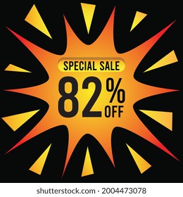 82% discount for special offer. Eighty-two percent off banner on a golden splash