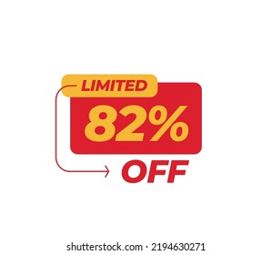 82% Limited Discount tag product banner label vector art illustration. Isolated on White Background in red color