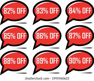 82% off, 83%, 84%, 85%, 86%, 87% off, 88%, 89% off, 90% off. Red floating balloon for special offers on discounts and promotions.