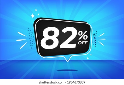 82% off. Blue banner with eighty-two percent discount on a black balloon for mega big sales.