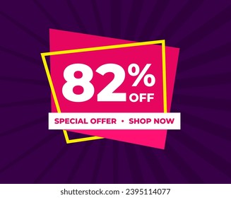 82% de descuento, 82% de oferta especial, compra ahora. Etiqueta de fondo. Púrpura y rosa. Oferta especial de descuento. Cartel con emblema de la oferta. Diseño conceptual moderno. Ilustración vectorial.