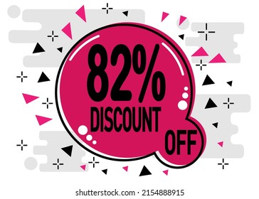 82 percent discount. Offer sign for price reduction in stores and sales in pink.