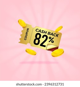 82 percent gift voucher with coupon Cash back. For business promotion sales and Discount online purchases. Tag label, sale banner with golden coin cash back. 