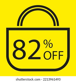 82 percent off. Yellow banner with shopping bag illustration.