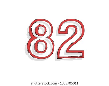 82 red number, hand drawn brush stroke. Comic style design. For design element, logo, creative poster etc. Vector illustration 