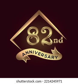 82 year anniversary celebration. Anniversary logo with square and elegance golden colour isolated on red background, vector design for celebration, invitation card, and greeting card