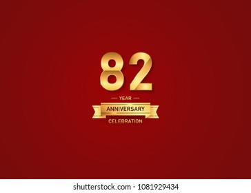 82 year golden anniversary vector illustration with gold ribbon isolated on red background