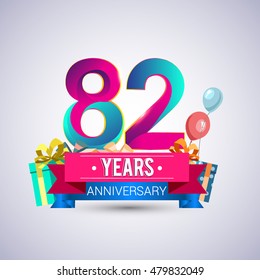 82 Years Anniversary celebration logo, with gift box and balloons, red and blue ribbon, Colorful Vector design template elements for your birthday party.