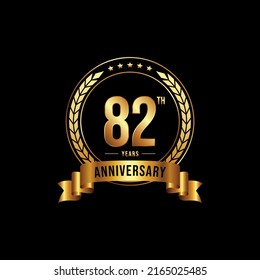 82 years anniversary celebration logotype with golden laurel and wreath, for booklet, leaflet, magazine, brochure poster, banner, web, invitation or greeting card. Vector illustrations.