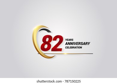 82 Years Anniversary Celebration Logotype. Red Elegant Vector Illustration with Gold Swoosh, Isolated on Black Background can be use for Celebration, Invitation, and Greeting card