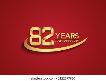 82 years anniversary design with swoosh golden color isolated on red background for celebration