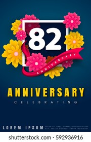 82 years anniversary invitation card - celebration template design , 82nd anniversary with flowers and modern design elements, dark blue background - vector illustration