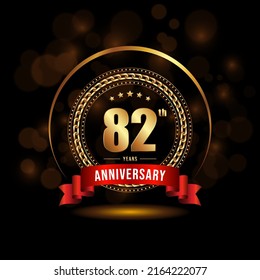 82 years anniversary logo with golden ring and ribbon for booklet, leaflet, magazine, brochure poster, banner, web, invitation or greeting card. Vector illustrations.