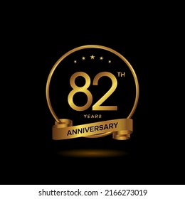 82 years anniversary logo with golden ring and ribbon for booklet, leaflet, magazine, brochure poster, banner, web, invitation or greeting card. Vector illustrations.