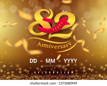 82 years anniversary logo template on gold background. 82nd celebrating golden numbers with red ribbon vector and confetti isolated design elements