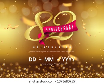 82 years anniversary logo template on gold background. 82nd celebrating golden numbers with red ribbon vector and confetti isolated design elements