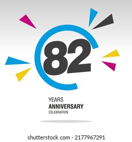 82 Years Anniversary, Number In Broken Circle With Colorful Bang Of Confetti, Logo, Icon, White Background