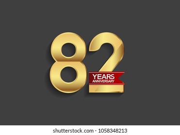 82 years anniversary simple design with golden color and red ribbon isolated on black background for celebration event
