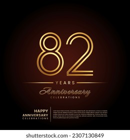 82 años de aniversario, diseño de plantilla de aniversario con número de línea doble y texto dorado para celebración de cumpleaños, invitación, afiche de banner, volante y tarjeta de saludo, plantilla de vector