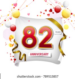 82 years anniversary vector illustration, banner, flyer, logo, icon, symbol. Graphic design element with flag, balloon, ribbon, confetty. Birthday greeting, event celebration
