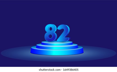 82 Years Anniversary Vector Template Design Illustration. Blue 3d Numbers with podium stage for celebration