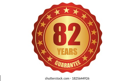 82 años garantía estampilla icono o etiqueta de garantía, insignia, etiqueta, ilustración del vector de sello de concepto original, logotipo aislado en fondo blanco y texto rojo dorado
