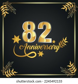 82 years old luxurious logo. anniversary year of vector gold colored template framed of palms.
