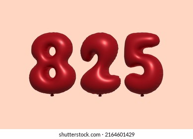 825 globo 3d número hecho de renderización 3d de globo metálico realista. Globos 3D de helio rojo para la venta decoración Fiesta Cumpleaños, Celebración de Aniversario, Fiesta de la Boda. Ilustración del vector