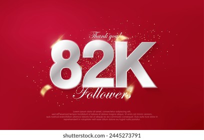 82k followers with luxurious silver numbers on a red background.