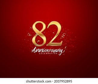 82nd anniversary background with 3D number illustration golden numbers and Anniversary Celebration text with golden confetti on red background.