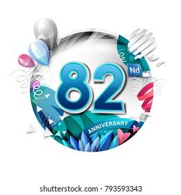 82nd anniversary background with balloon and confetti on white. 3D paper style illustration. Poster or brochure template. Vector illustration.