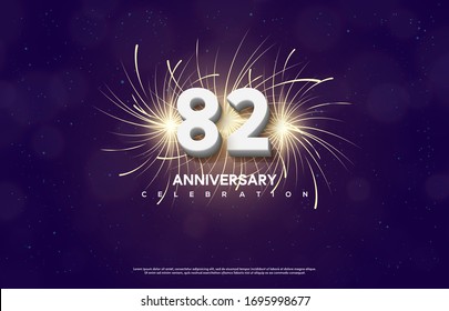 82nd anniversary background with illustrations of white numbers in front of exploding firecrackers.