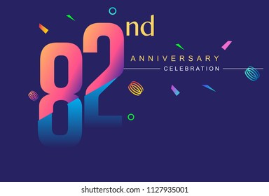 82nd anniversary celebration with colorful design, modern style with ribbon and colorful confetti isolated on dark background, for birthday celebration
