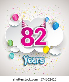 82nd Anniversary Celebration Design, with clouds and balloons, confetti. Vector template elements for your, eighty two years birthday celebration party.