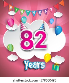 82nd Anniversary Celebration Design, with clouds and balloons. using Paper Art Design Style, Vector template elements for your, eighty two years birthday celebration party.