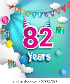 82nd Anniversary Celebration Design, with clouds and balloons. using Paper Art Design Style, Vector template elements for your, eighty two years birthday celebration party