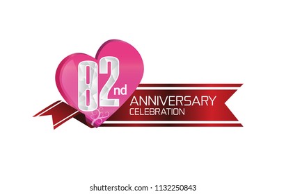 82nd anniversary celebration with elegance pink heart shape and red ribbon isolated on white background for special celebration event