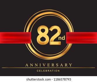82nd anniversary design logotype golden color with ring and red ribbon for anniversary celebration, elegant design.
